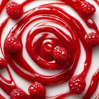 Swirl of raspberry sauce drizzled across a white background creating a bold and sweet pattern photo