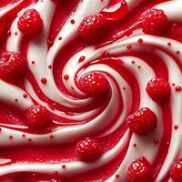 Swirl of raspberry sauce drizzled across a white background creating a bold and sweet pattern photo