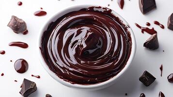 Swirl of rich chocolate sauce on a white background creating a smooth and glossy texture photo