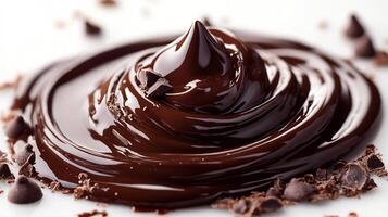 Swirl of rich chocolate sauce on a white background creating a smooth and glossy texture photo