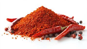 Vibrant heap of crushed red chili powder arranged in a small pile on a clean white background photo
