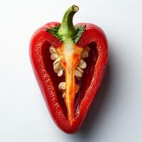 Vibrant red chili pepper sliced in half placed on a pure white background showing its fiery interior photo