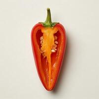 Vibrant red chili pepper sliced in half placed on a pure white background showing its fiery interior photo
