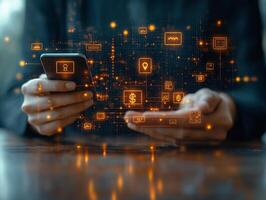 Abstract businessman using mobile phone digital wallet glowing currency icons and techinspired financial transactions Modern ebusiness and vibrant digital economy photo