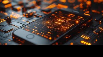 Abstract digital banking app a mobile phone glowing currency icons and techinspired graphics Modern ebusiness transactions futuristic financial economy and online payment photo