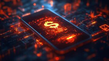 Abstract digital wallet a mobile phone with glowing currency symbols financial transactions and online banking technology Modern ebusiness and smart financial design photo