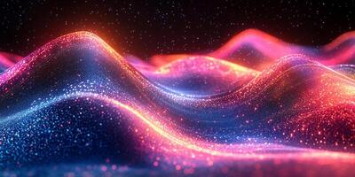 Abstract wave pattern glowing neon blue and pink light geometric shapes and flowing motion Futuristic threedimensional design with vibrant tech energy photo