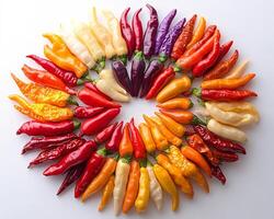 Assorted chili peppers of various colors sizes arranged in a circular pattern on a white background photo