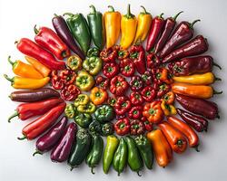 Assorted chili peppers of various colors sizes arranged in a circular pattern on a white background photo