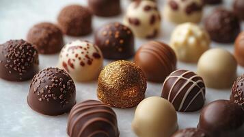 Assorted chocolates gold wrappers arranged elegantly on a clean white background luxurious and tempting photo