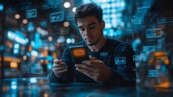 Businessman holding mobile phone with glowing digital wallet surrounded by financial icons and futuristic currency symbols Vibrant online payment and smart banking innovation photo