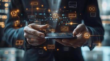 Businessman managing digital wallet on a mobile phone surrounded by futuristic currency icons techinspired financial transactions and smart banking innovation photo