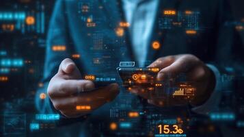 Businessman managing digital banking transactions a mobile phone with glowing currency symbols and techinspired payment icons Smart financial innovation in ebusiness photo