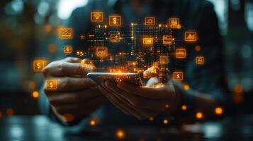 Businessman using digital wallet on a mobile phone surrounded by glowing currency symbols and techdriven financial technology Futuristic economy and smart transactions photo