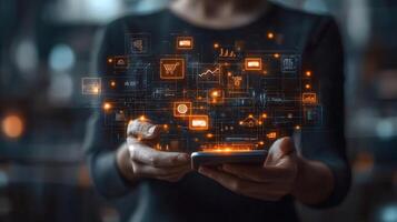 Businessman using mobile digital wallet with glowing techinspired icons currency and smart financial transactions Modern online payment and ebusiness concept photo