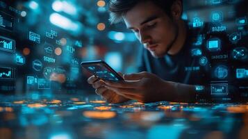Businessman using digital wallet on a mobile phone surrounded by glowing currency symbols and techdriven financial technology Futuristic economy and smart transactions photo
