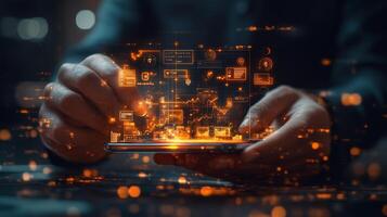 Businessman using mobile digital wallet with glowing techinspired icons currency and smart financial transactions Modern online payment and ebusiness concept photo