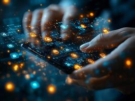Businessman using mobile digital wallet with futuristic icons representing financial technology currency and economic transactions Techdriven payment concept with innovation photo