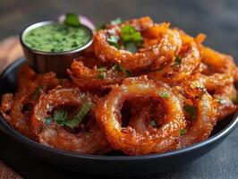 Crispy onion bhajis served a side of mint chutney freshly fried and golden in color photo