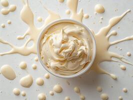 Creamy ranch sauce a small bowl with a drizzle of sauce splashed on the white background photo