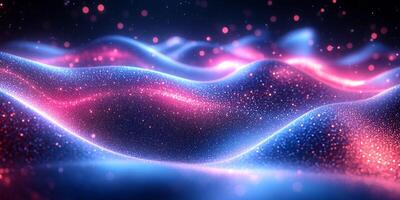 Flowing wave background neon blue and pink light geometric threedimensional shapes gradient colors and digital tech patterns Energetic design with a modern vibrant aesthetic photo