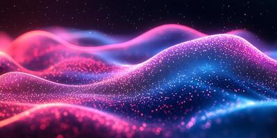 Flowing wave background neon blue and pink light geometric threedimensional shapes gradient colors and digital tech patterns Energetic design with a modern vibrant aesthetic photo