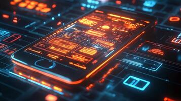 Futuristic mobile phone digital billfold interface glowing financial icons and techinspired background Vibrant design showcasing online banking digital transactions and ecommerce photo