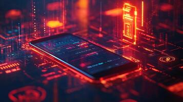 Futuristic mobile wallet interface a digital screen surrounded by online transaction symbols financial technology and glowing currency icons Smart banking and ebusiness design photo