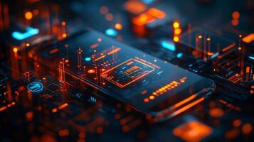 Futuristic mobile wallet interface a digital screen surrounded by online transaction symbols financial technology and glowing currency icons Smart banking and ebusiness design photo