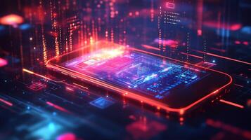 Futuristic mobile phone digital billfold interface glowing financial icons and techinspired background Vibrant design showcasing online banking digital transactions and ecommerce photo