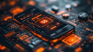 Glowing digital wallet a mobile device vibrant currency icons and sleek online banking symbols Techinspired financial transactions and futuristic ebusiness design photo