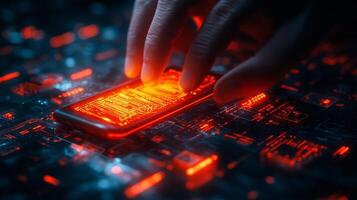 Glowing digital wallet a mobile device vibrant currency icons and sleek online banking symbols Techinspired financial transactions and futuristic ebusiness design photo