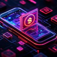 Mobile phone displaying digital wallet with vibrant currency icons financial transaction technology and online banking graphics Futuristic ebusiness innovation photo