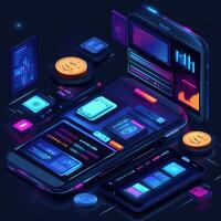 Mobile phone displaying digital wallet with vibrant currency icons financial transaction technology and online banking graphics Futuristic ebusiness innovation photo