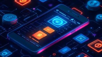 Mobile phone displaying futuristic digital wallet with glowing currency icons and vibrant online transaction symbols Techdriven financial economy and modern ecommerce innovation photo