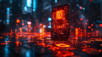 Mobile phone displaying glowing digital wallet with financial icons currency symbols and futuristic online payment technology Ebusiness and modern banking innovation photo