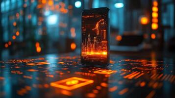 Mobile phone displaying glowing digital wallet with financial icons currency symbols and futuristic online payment technology Ebusiness and modern banking innovation photo
