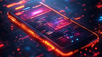 Mobile phone displaying glowing digital wallet interface with futuristic financial symbols and dynamic online payment icons Modern banking and vibrant ecommerce economy photo