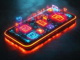Mobile phone displaying glowing digital wallet online banking symbols and futuristic financial transaction icons Vibrant currency and ecommerce technology photo