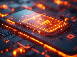Mobile phone displaying glowing digital wallet online banking symbols and futuristic financial transaction icons Vibrant currency and ecommerce technology photo