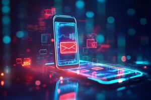 Mobile phone glowing digital wallet financial technology symbols and vibrant online transactions Modern ebusiness and currency innovation photo