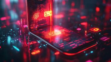 Smartphone displaying sleek digital wallet with glowing currency icons and techdriven online payment symbols Futuristic financial technology and vibrant digital economy photo