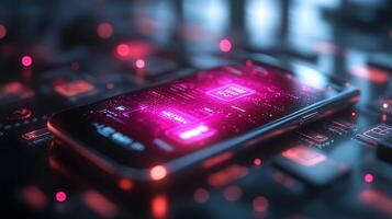 Smartphone displaying sleek digital wallet with glowing currency icons and techdriven online payment symbols Futuristic financial technology and vibrant digital economy photo
