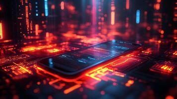 Smartphone glowing digital wallet interface surrounded by techinspired financial symbols and dynamic payment icons Futuristic banking technology and vibrant ebusiness economy photo