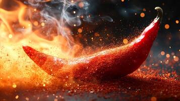 Spicy red chili powder forming bold splash on a white background creating a fiery and artistic effect photo