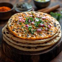 Traditional tandoori roti daal tadka served on a rustic wooden table with desi spices in the background photo