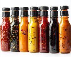 Various hot sauces small bottles arranged on a white background creating a vibrant spicy collection photo