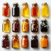 Various hot sauces small bottles arranged on a pristine white background creating a vibrant spicy collection photo