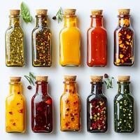 Various hot sauces small bottles arranged on a pristine white background creating a vibrant spicy collection photo