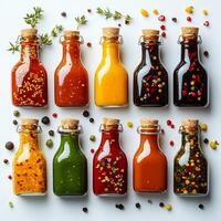 Various hot sauces small bottles arranged on a pristine white background creating a vibrant spicy collection photo